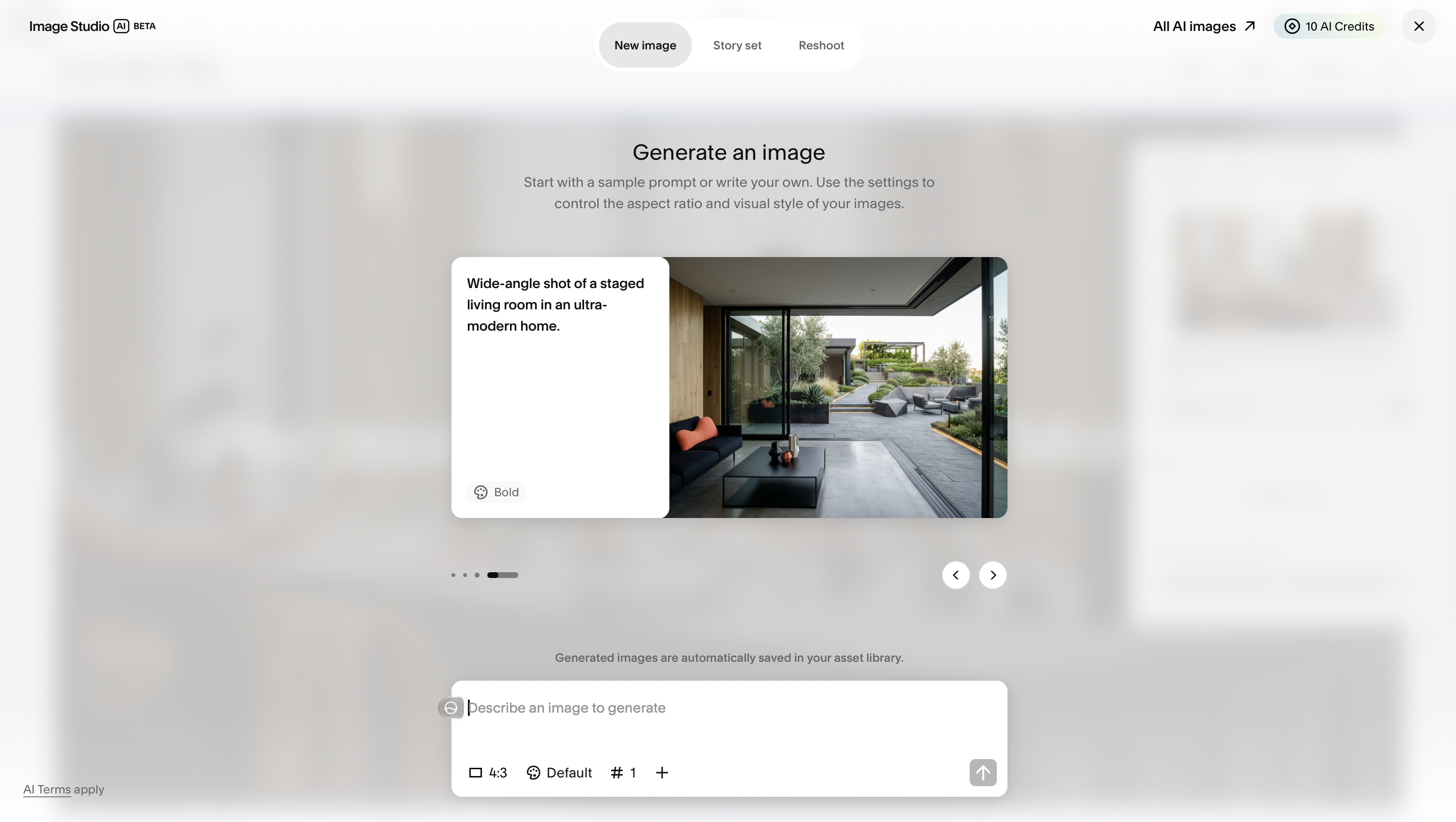 Squarespace Image Studio with a sample living-room image, generation modes, and an image prompt field.